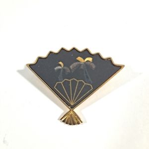 Vintage Amita Brooch Fan Black Goldtone Palm Trees